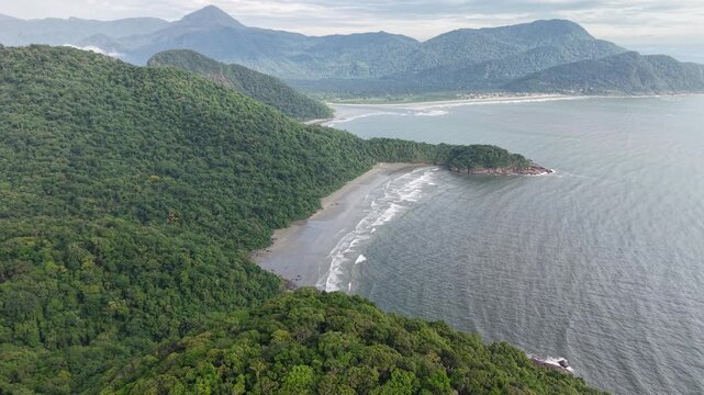 Drone view of Arpoador Beach - a wild beach in the coast of Peru&iacute;be, S&atilde;o Paulo, Brazil