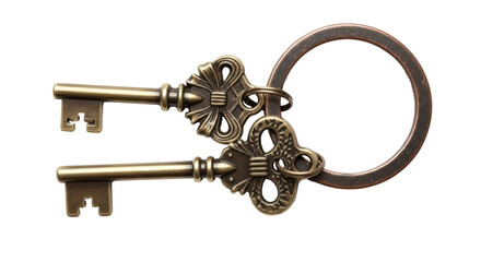 Obraz premium Two antique bronze keys on a ring isolated PNG, vintage style key set for security and decoration on transparent background
