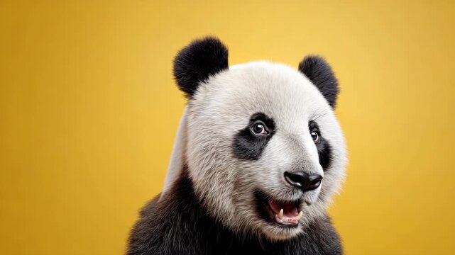 Close up of an adorable talking giant panda making funny faces and expressing different emotions with its mouth open, showing surprise and happiness against a solid yellow studio background