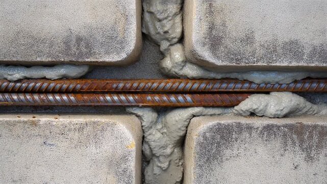 Close-up of rusted rebar embedded in concrete mortar between two concrete elements, represen.