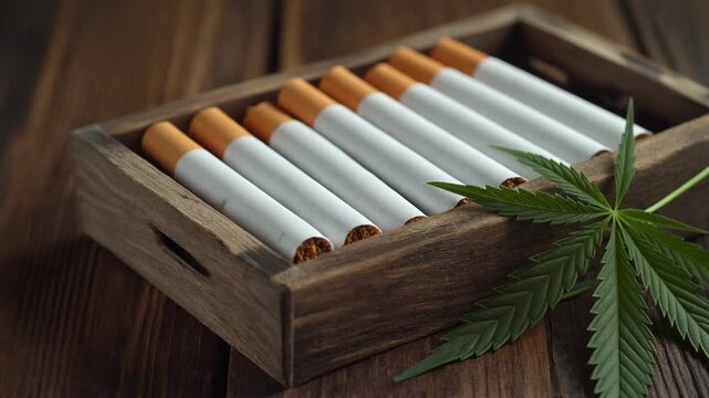 Pre rolled cigarette arranged in rustic wooden box with cannabis leaf, evoking artisan prepa.