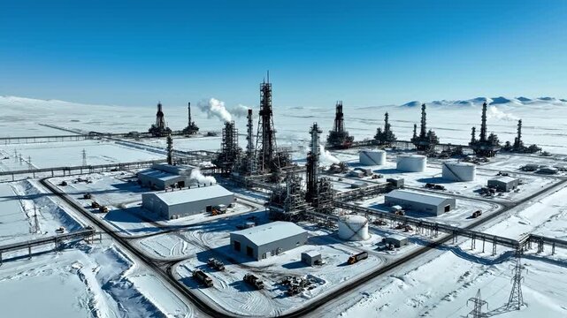 Aerial view of oil refinery in snowy landscape. Industrial plant operations showcase winter efficiency. Clear sky enhances visual appeal of this energy sector video.
