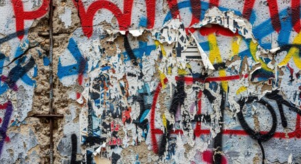 Graffiti covered wall with colorful stickers.