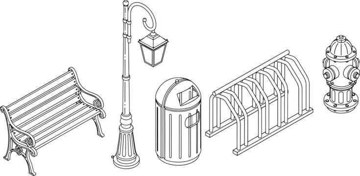 A stylized line art illustration of park elements on isolated background, a bench, a lamppost, a trash can, a bike rack, and a fire hydrant, creating a timeless representation of urban landscape.