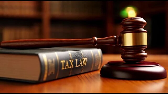 Close-up of a wooden gavel atop a 'Tax Law' book on a polished wooden desk, with blurred bookshelves in the background. The scene conveys a serious and formal atmosphere of legal study and financial