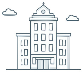 Fototapeta premium Stylized Hand Drawn Municipal Building with Clouds, Flat Design