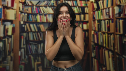 Young hispanic woman in black crop top offers open palms toward rows of bookshelves in library  excitement. © Krakenimages.com