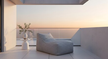 Fototapeta premium Serene Balcony Retreat A Cozy Beanbag Chair Embraces the Sunset Hues of the Horizon