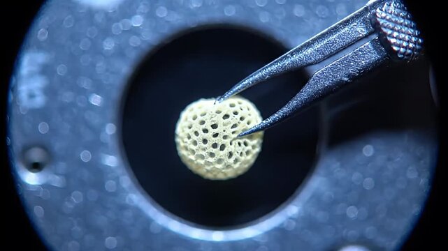 Macro View of Tweezers Delicately Holding a Porous Spherical Biomaterial Scaffold in a Science Laboratory for Medical Research