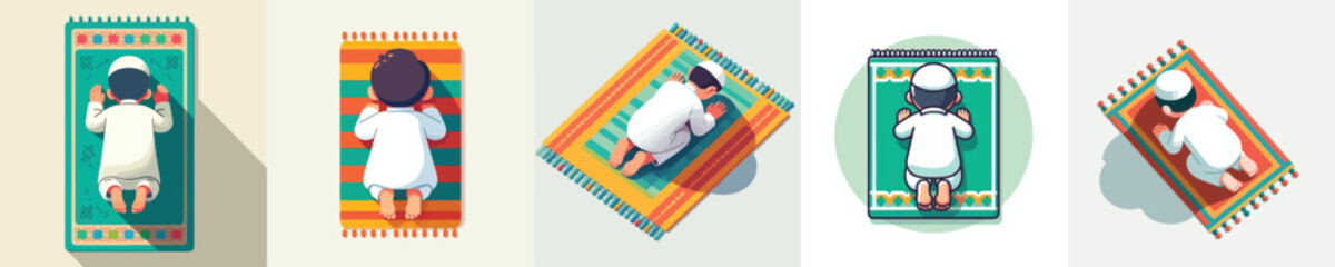 vector of a little Muslim boy praying with a prostrate gesture top view