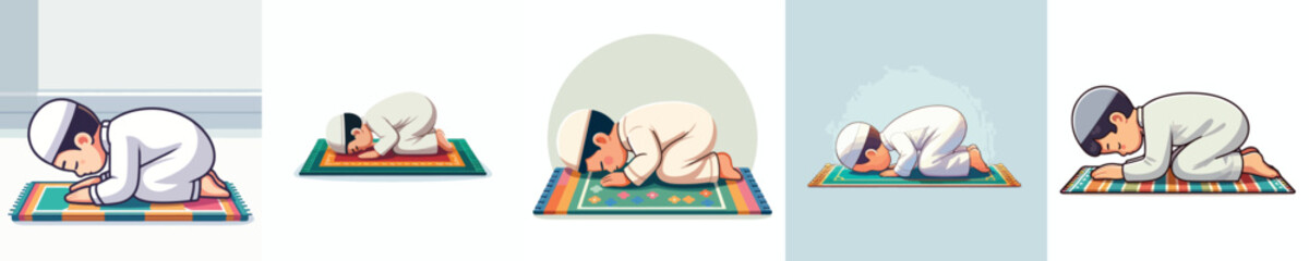 vector of a little Muslim boy praying with a prostrate gesture side view