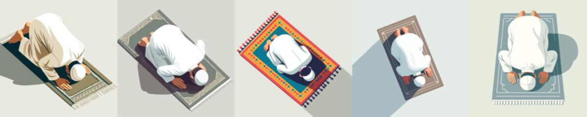 vector of a Muslim man praying with a prostrate gesture top view