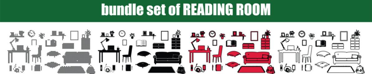 Silhouette, line art, outline, dot, dotted A comprehensive collection of reading room furniture and accessories depicted in various silhouette styles and colors for design use