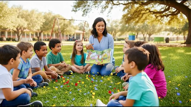Teacher reading to children outdoors during daytime story time activity