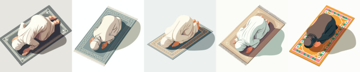 vector of a Muslim woman praying with a prostrate gesture top view