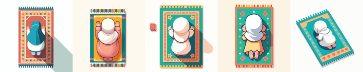 vector of a little Muslim woman praying with a prostrate gesture top view