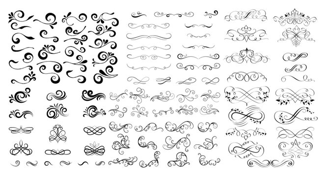  Calligraphic swirl floral ornaments. Modern swirling flourishes, wreath, romantic card decorative swirl and wedding card decor curls swirls dividers set. Black curly thin lines