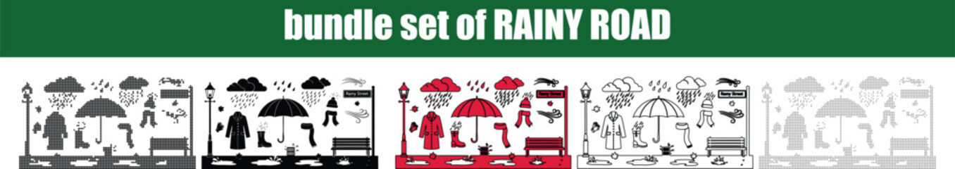 Silhouette, line art, outline, dot, dotted Collection of diverse weatherrelated icons for a rainy street scene during autumn and winter seasons