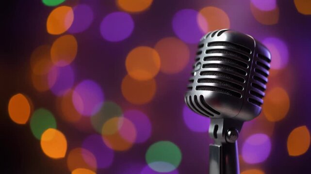 retro microphone with colorful purple and orange bokeh