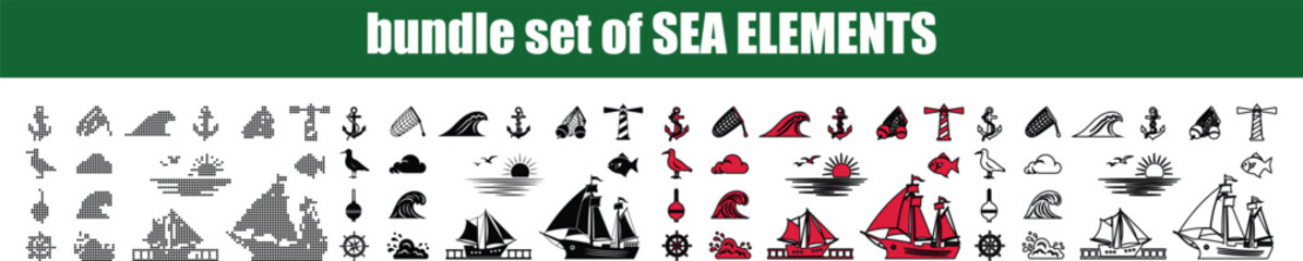 Silhouette, line art, outline, dot, dotted Collection of nautical and seathemed icons and graphic elements including boats lighthouses fish and anchors