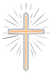 Hand drawn Christian cross symbol with glowing light rays representing faith, hope, and salvation