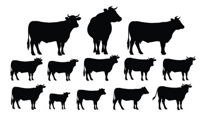 A collection of various cow silhouettes in different poses and sizes Vector