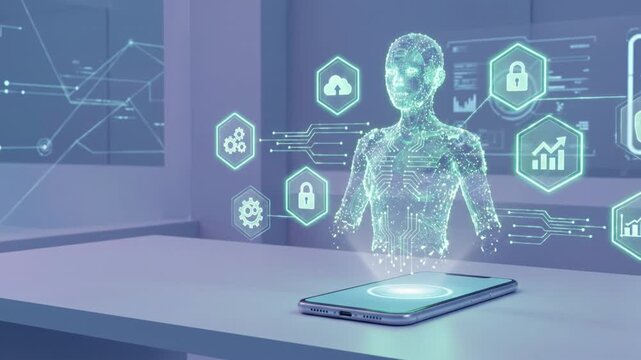 Digital hologram virtual human mobile phone cyber security data protection network technology glow future interface futuristic hologram smartphone digital interface data security cloud computing
