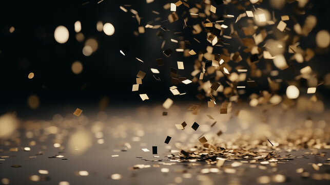 Confettis dor&eacute;s en chute sur fond sombre avec ambiance festive et luxe