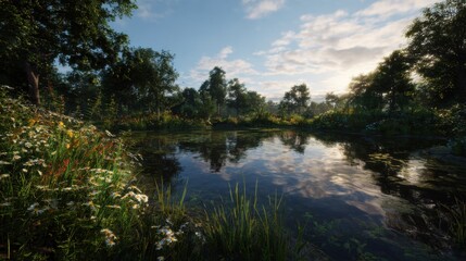 a serene pond, surrounded by wildflowers and lush greenery, reflects the sky at sunset in an organic garden setting
