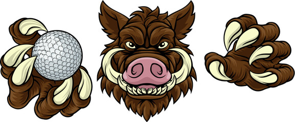 Fototapeta premium A wild boar, hog razorback warthog pig mean tough cartoon sports mascot holding a golf ball