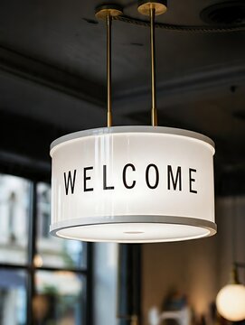 A sleek, round hanging LED lightbox sign with letters "WELCOME" suspended from a dark ceiling by metal rods against blurred interior cafe lighting in the background