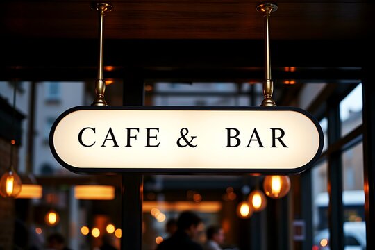 A sleek, rectangular hanging LED lightbox sign with letters "CAFE & BAR" suspended from a dark ceiling by metal rods against blurred interior cafe lighting in the background