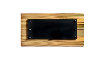 Obraz premium Blank office signage features a matte black rectangular metal plate bolted onto an oak wooden base with metal black rivets isolated on white background