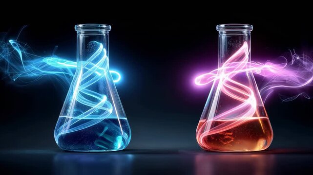 Neon energy spirals in two laboratory flasks with blue and pink light streams connecting on dark set