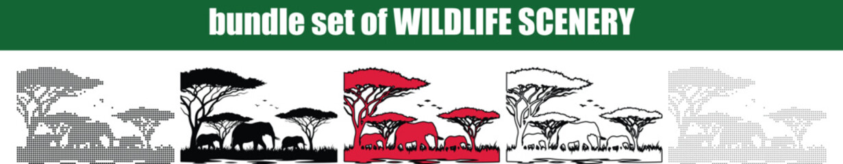 Silhouette, line art, outline, dot, dotted Diverse collection of stylized African savanna wildlife scenery illustrations featuring elephants and acacia trees