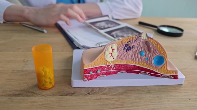 A mammologist creates an anatomical model of the breast and administers medication. Drugs for the treatment of breast cancer