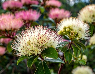 Shrub of Fraser Photinia Little Red Robin with flowers