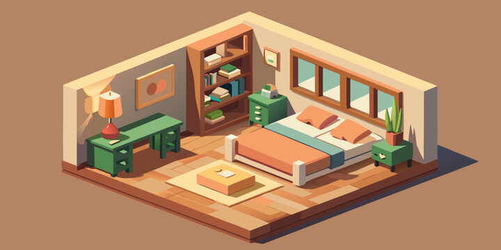 Habitaci&oacute;n low poly isometrica color beige, cuarto peque&ntilde;o 3d con luz natural, dormitorio aesthetic, creado con IA generativa