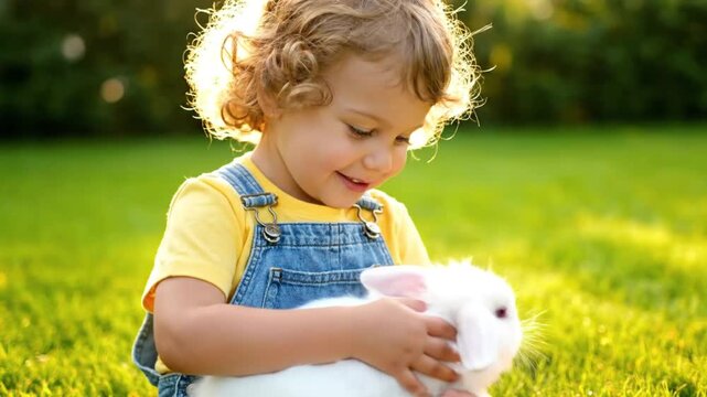 Little kid playing with white rabbit in a sunny park. Child smiling and petting bunny for easter and animal interaction concept.