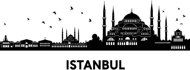 Fototapeta premium Istanbul city skyline silhouette with Blue Mosque and flying birds, Turkish landmark travel destination, black vector isolated on white background.