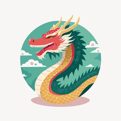 Vibrant Chinese Dragon Illustration with Clouds and Floral Elements