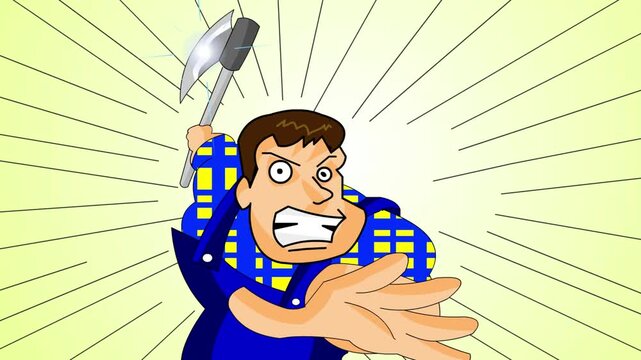 Animated cartoon style video of a lumberjack cutting down a tree with an axe, trees, deforestation, 2D, art.