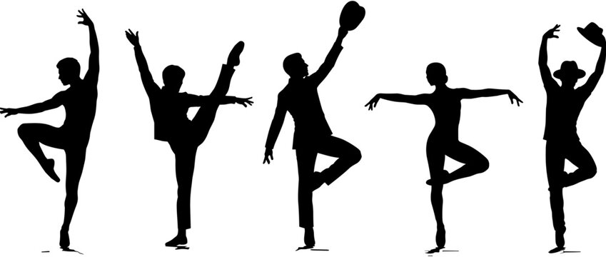 Black silhouettes of diverse male and female dancers performing ballet, jazz, and contemporary dance moves isolated on a white background.