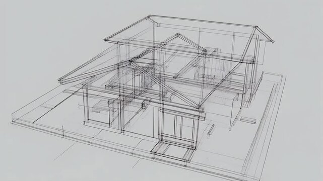 Endless loop of 3d house sketch rotating on white background.