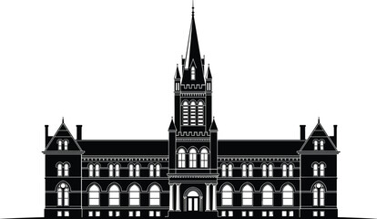 Obraz premium Historic building silhouette, ornate architecture illustration, university courthouse design, government structure graphic, symmetrical tower icon, black and white artwork