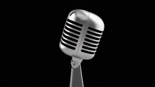 Vintage microphone rotating on alpha channel background in seamless loop. 