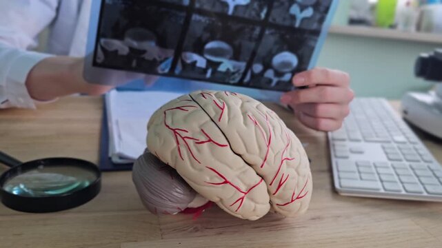Discussion about brain anatomy with model and medical images