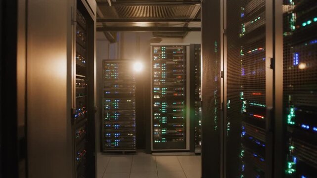 Lights and computers in a server room being turned 