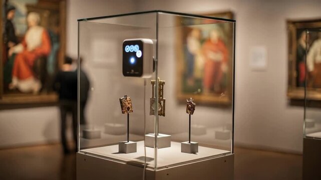 Medium shot of wireless sensor attached inside a glass display case monitoring temperature and humidity to protect delicate artifacts in an art gallery with blurred paintings