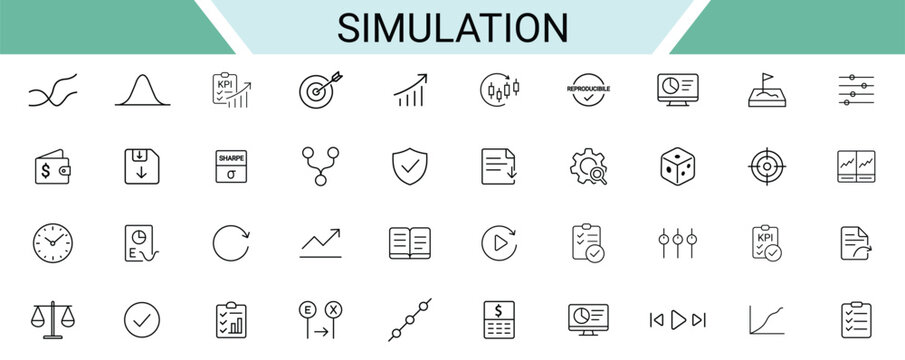 Collection of simulation and data analysis icons on transparent background